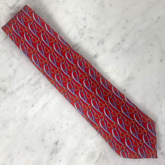 GUCCI Tie 100% Silk Vintage 58-1/2" x 3-3/4" Red w Blue Belt Loop Gold Rings EUC - Picture 4 of 11